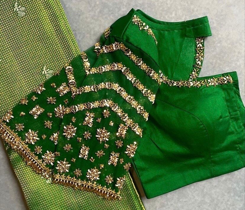 pure silk green hand embroidery blouse/saree maggam blouse/raw silk zardosi blouse/green hand embroidered blouse/ready made green blouse usa