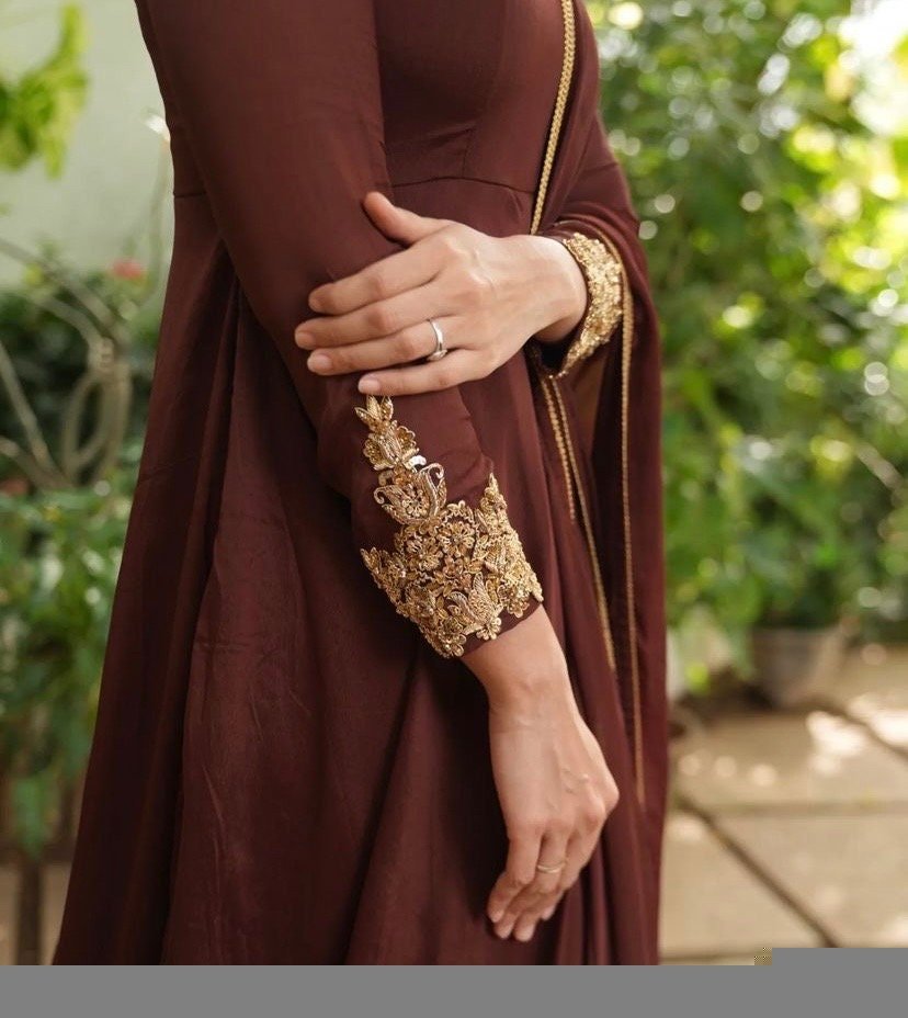 Hand embroidered Anarkali with dupatta/brown anarkali suit set/chinnon silk anarkali dupatta USA/Indian dresses/anarkali dress with dupatta