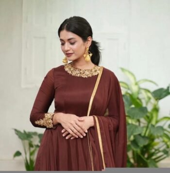 Hand embroidered Anarkali with dupatta/brown anarkali suit set/chinnon silk anarkali dupatta Indian dresses/anarkali dress with dupatta