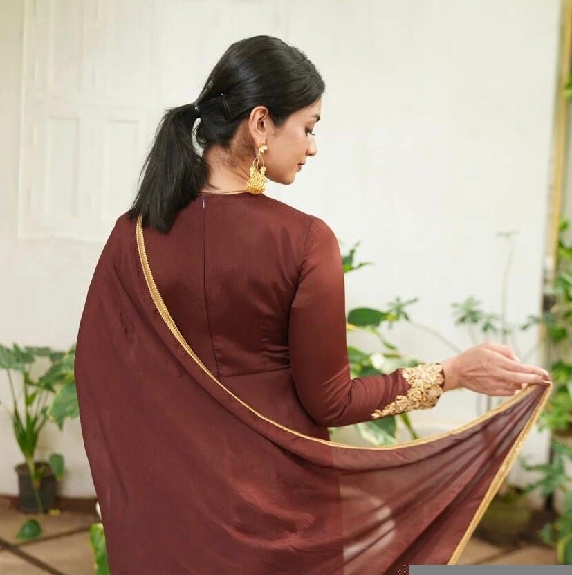 Hand embroidered Anarkali with dupatta/brown anarkali suit set/chinnon silk anarkali dupatta USA/Indian dresses/anarkali dress with dupatta