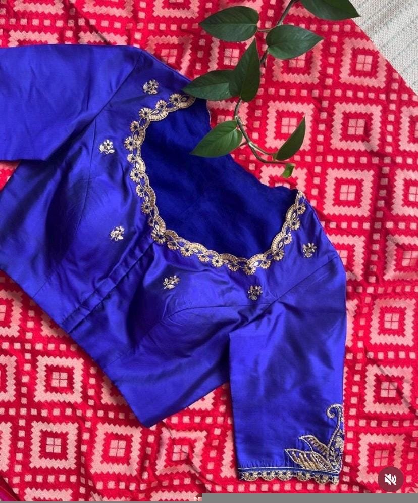 pure silk hand embroidery blouse/blue maggam blouse /raw silk zardosi blouse/blue hand embroidered blouse/designer readymade handwork blouse