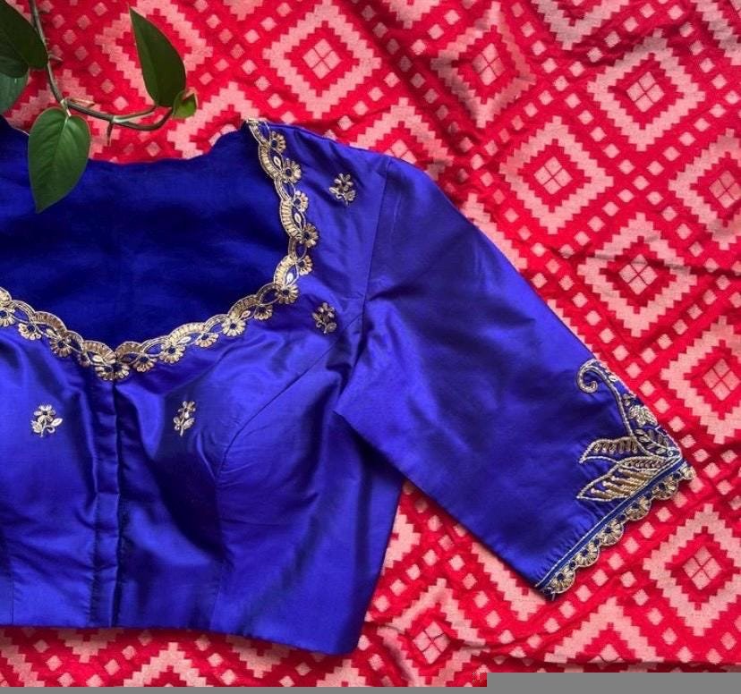 pure silk hand embroidery blouse/blue maggam blouse /raw silk zardosi blouse/blue hand embroidered blouse/designer readymade handwork blouse