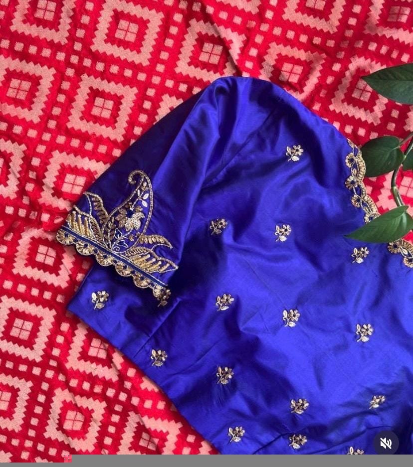 pure silk hand embroidery blouse/blue maggam blouse /raw silk zardosi blouse/blue hand embroidered blouse/designer readymade handwork blouse
