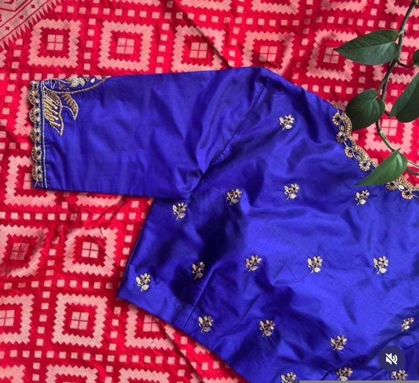 pure silk hand embroidery blouse/blue maggam blouse /raw silk zardosi blouse/blue hand embroidered blouse/designer readymade handwork blouse