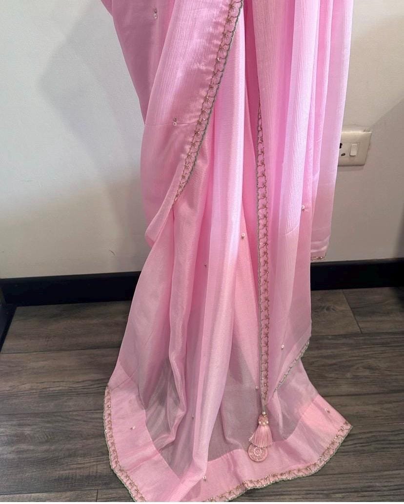 Light Pink chiffon silk saree with hand Embroidered blouse/hand embroidered saree with ready blouse|sarees USA|green blouse/saree with blous