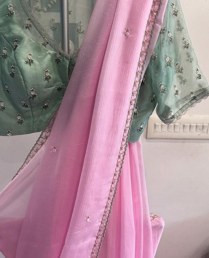 Light Pink chiffon silk saree with hand Embroidered blouse/hand embroidered saree with ready blouse|sarees USA|green blouse/saree with blous