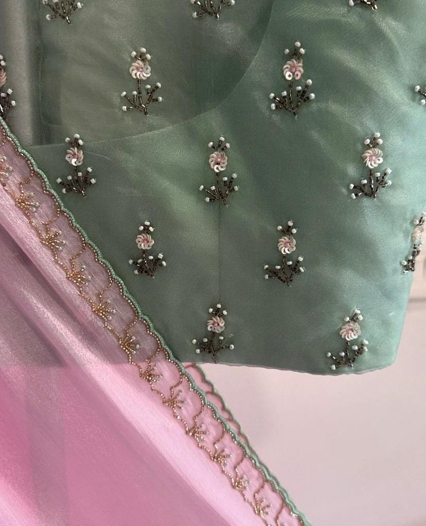 Light Pink chiffon silk saree with hand Embroidered blouse/hand embroidered saree with ready blouse|sarees USA|green blouse/saree with blous