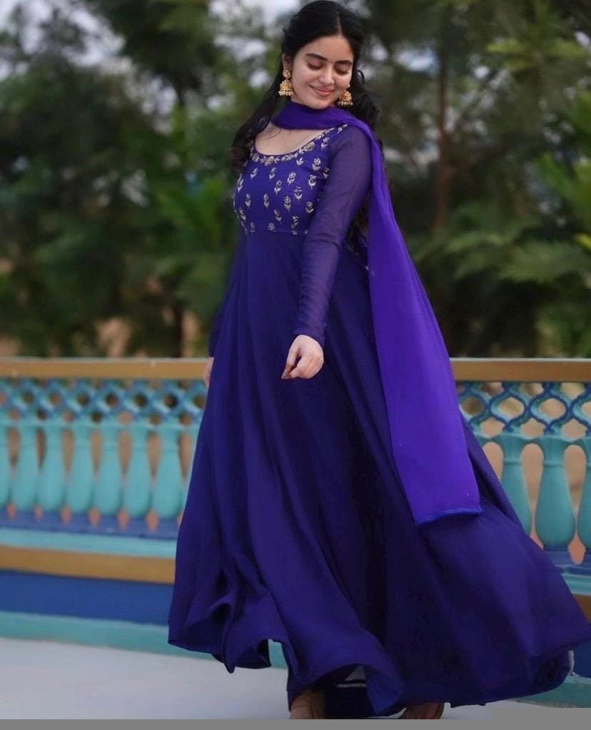 Hand embroidered Anarkali with dupatta/dark blue anarkali suit/georgette anarkali dupatta USA/Indian dresses/royal blue anarkali dupatta set