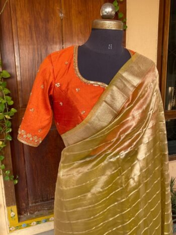 Saree with stitched blouse/tissue silk saree hand embroideredblouse/golden tissue saree/soft silk saree ready blouse/stripes cocktail saree