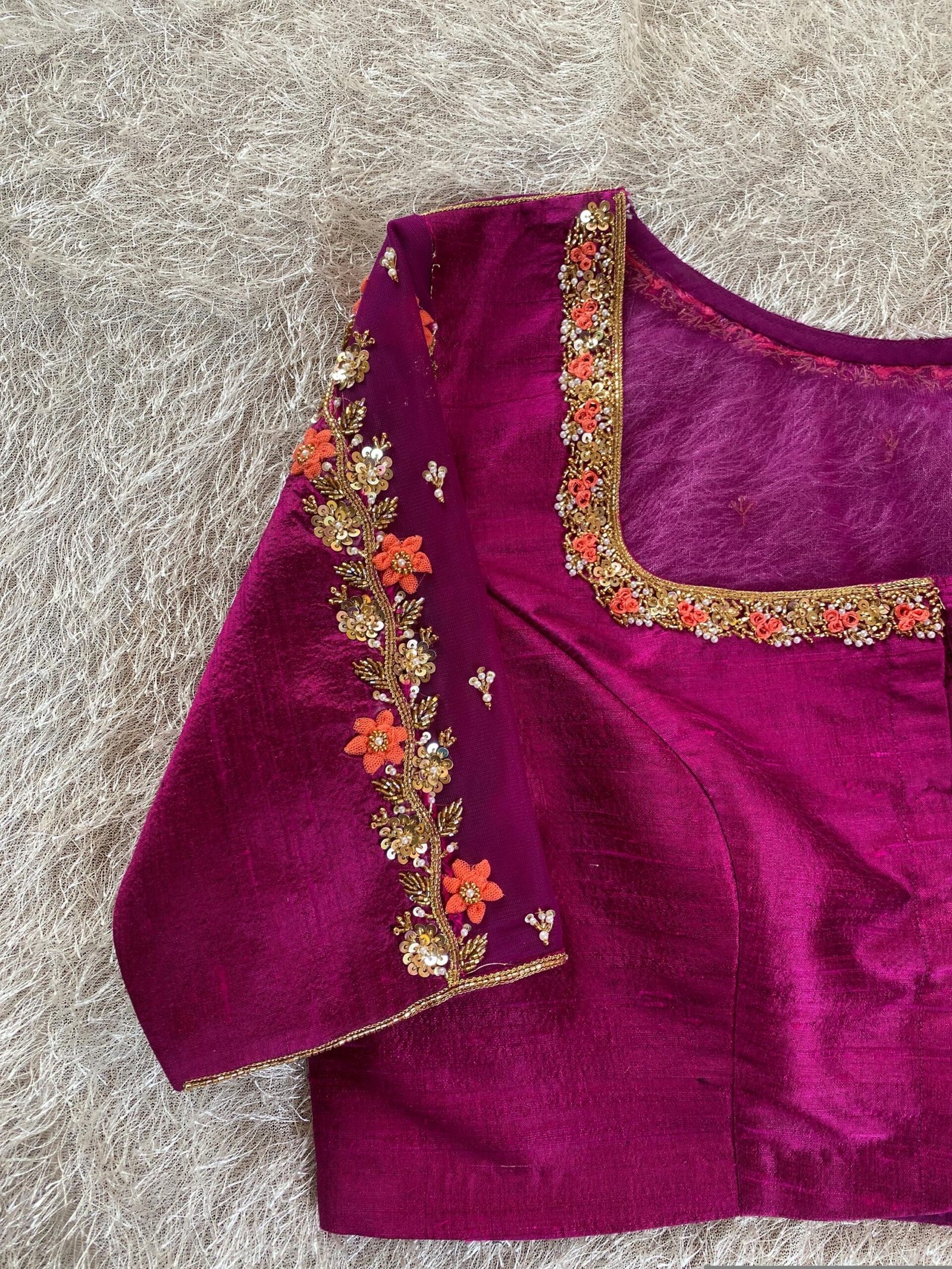 pure silk hand embroidery blouse/magenta pink maggam blouse/purple zardosi blouse/wedding hand embroidered blouse/bridal ready made blouse