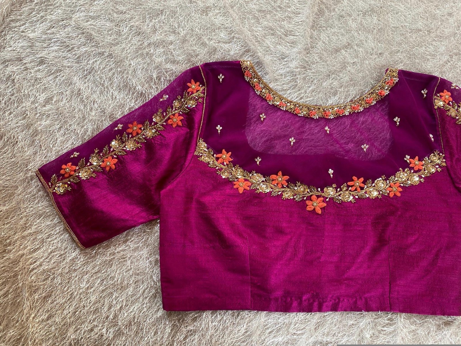 pure silk hand embroidery blouse/magenta pink maggam blouse/purple zardosi blouse/wedding hand embroidered blouse/bridal ready made blouse