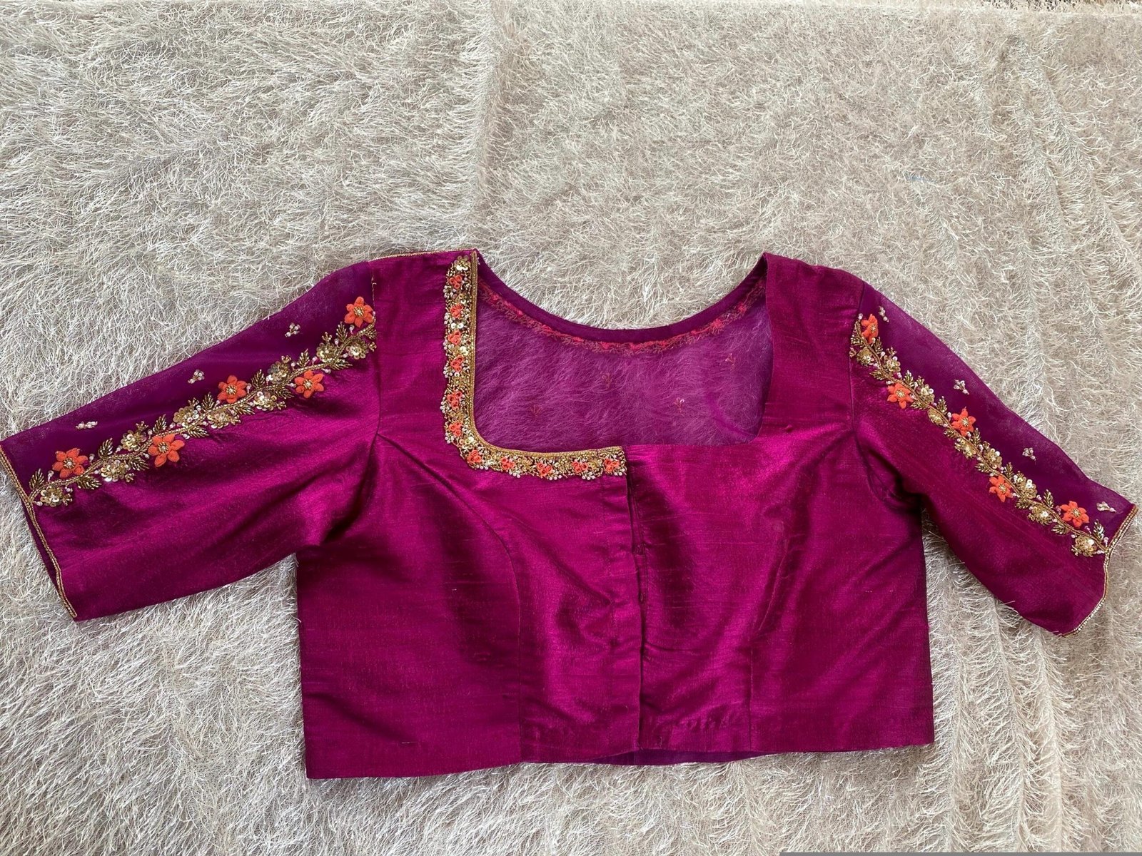 pure silk hand embroidery blouse/magenta pink maggam blouse/purple zardosi blouse/wedding hand embroidered blouse/bridal ready made blouse