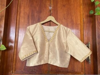 Hand Embroidered Silk Saree Blouse: Beige Zardosi Maggam