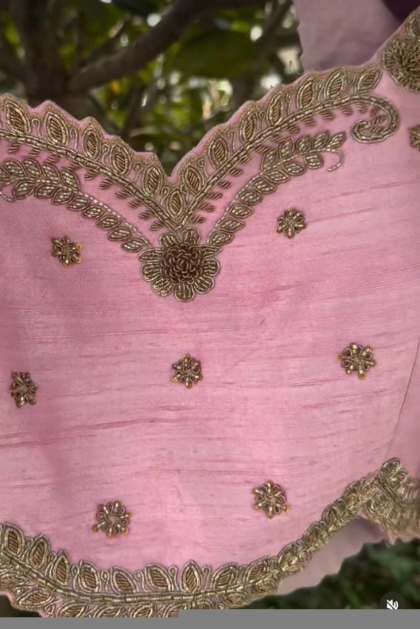 pure silk hand embroidery blouse/light pink maggam blouse/pink hand embroidered blouse/blushpink ready made blouse zardosi/light pink blouse