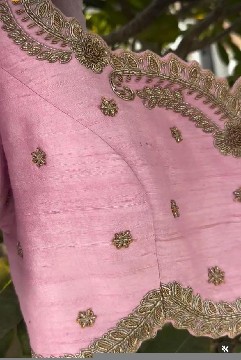 pure silk hand embroidery blouse/light pink maggam blouse/pink hand embroidered blouse/blushpink ready made blouse zardosi/light pink blouse
