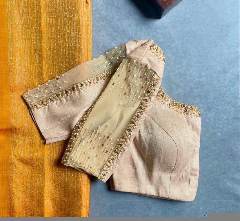pure silk hand embroidery blouse/modern saree maggam blouse/beige zardosi blouse/multi hand embroidered blouse/off white ready made blouse