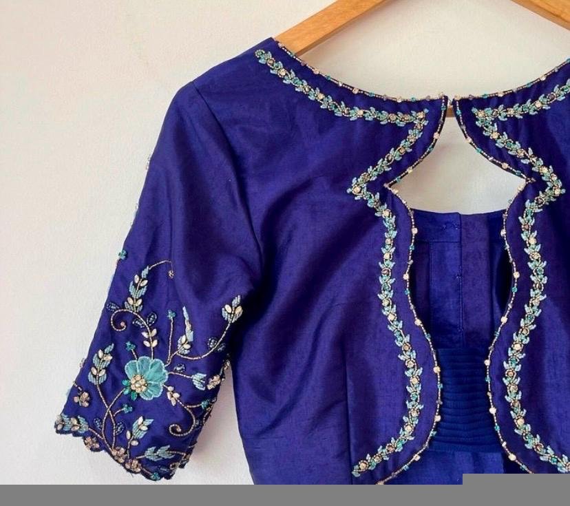 pure silk hand embroidery blouse /royal blue saree blouse/navy blue silk zardosi blouse/hand embroidered blouse/ready made blouse zardosi us