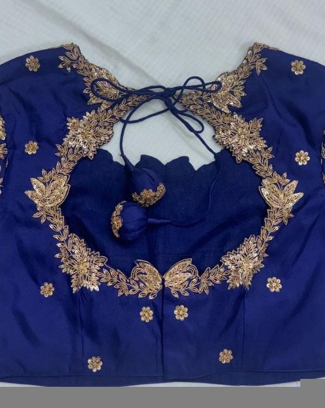pure silk hand embroidery blouse/bluesaree maggam blouse/zardosi blouse usa/hand embroidered blouse/royal blue ready made blouse zardosi usa