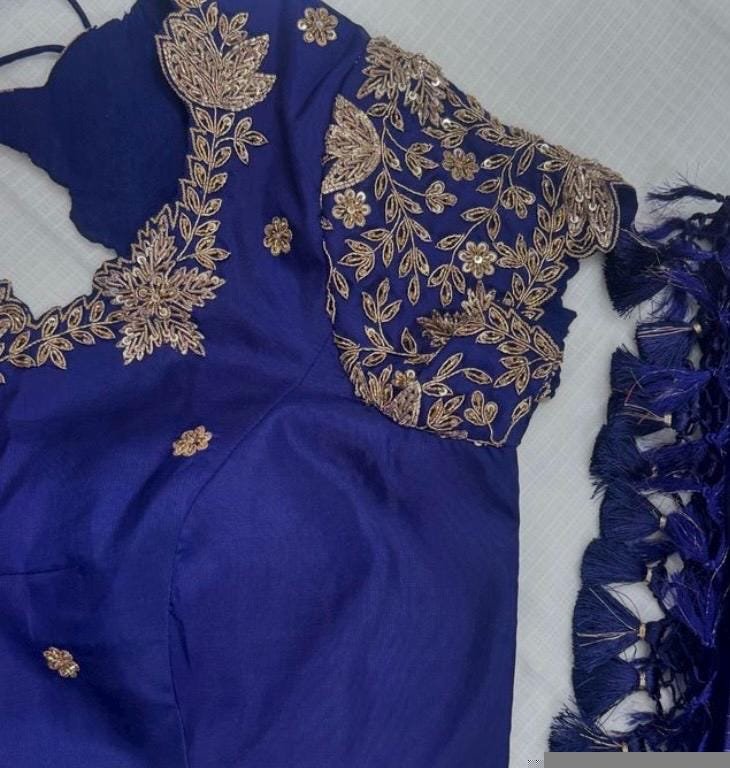 pure silk hand embroidery blouse/bluesaree maggam blouse/zardosi blouse usa/hand embroidered blouse/royal blue ready made blouse zardosi usa