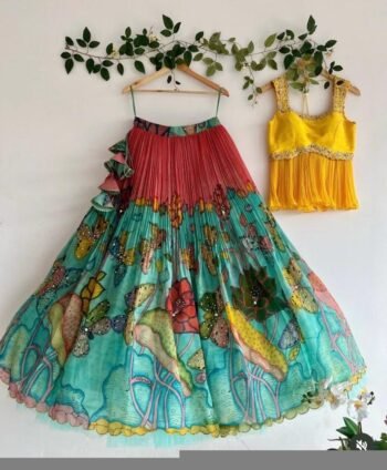 Women’s pure kalamkari lehenga set / crop top lehenga / Hand painted lehenga USA / wedding lehenga USA / kalamkarilehenga choli /voggish usa