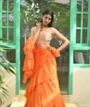 Ruffle saree with blouse/orange ruffle saree with stitched blouse/saree belt with blouse/silk ruffle saree/modern saree/orange ruffle saree