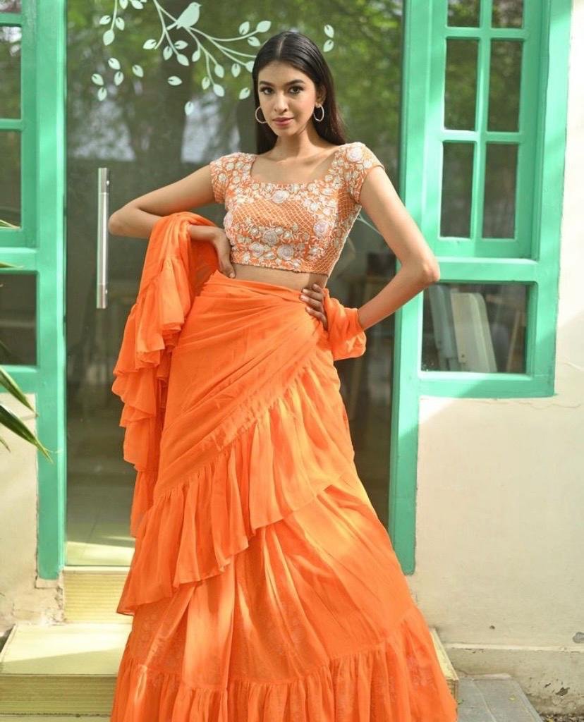 Ruffle saree with blouse/orange ruffle saree with stitched blouse/saree belt with blouse/silk ruffle saree/modern saree/orange ruffle saree