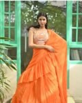 Ruffle saree with blouse/orange ruffle saree with stitched blouse/saree belt with blouse/silk ruffle saree/modern saree/orange ruffle saree