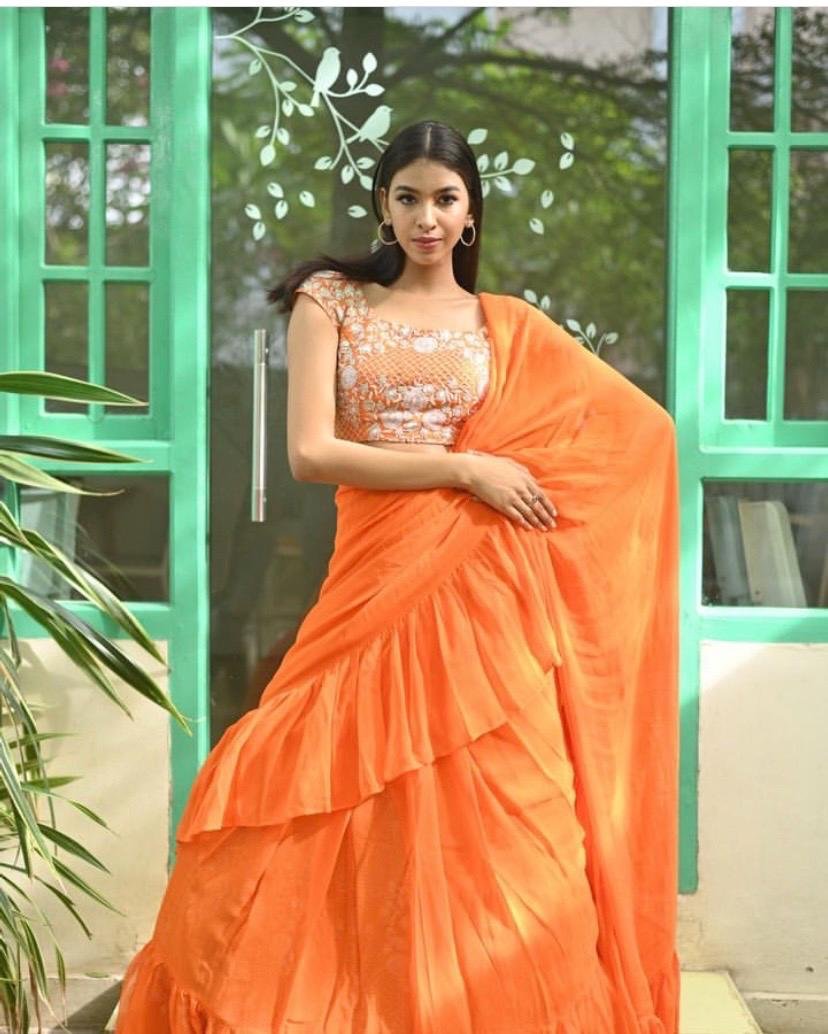 Ruffle saree with blouse/orange ruffle saree with stitched blouse/saree belt with blouse/silk ruffle saree/modern saree/orange ruffle saree