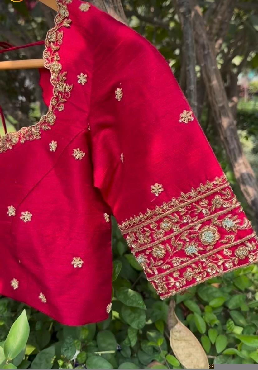 pure silk red hand embroidery blouse/saree maggam blouse/raw silk zardosi blouse/pure red hand embroidered blouse/ready made red blouse usa