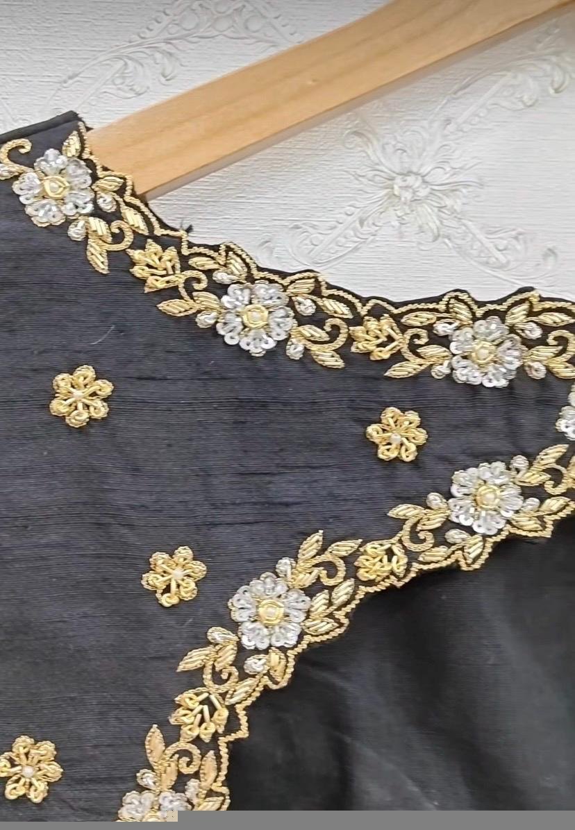 pure silk hand embroidery blouse/black saree maggam blouse/short sleeve blouse/hand embroidered blouse/black ready made short sleeve blouse