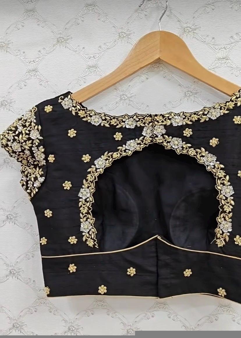 pure silk hand embroidery blouse/black saree maggam blouse/short sleeve blouse/hand embroidered blouse/black ready made short sleeve blouse