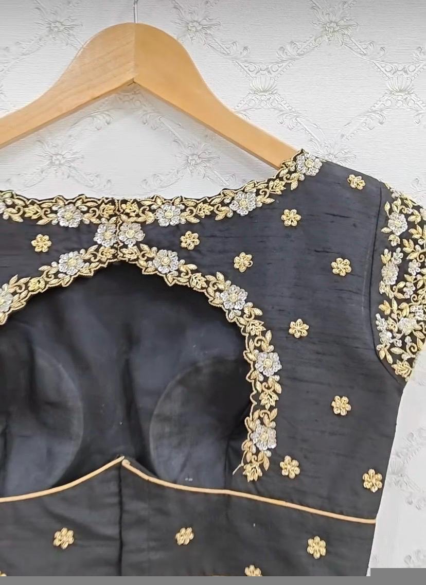 pure silk hand embroidery blouse/black saree maggam blouse/short sleeve blouse/hand embroidered blouse/black ready made short sleeve blouse