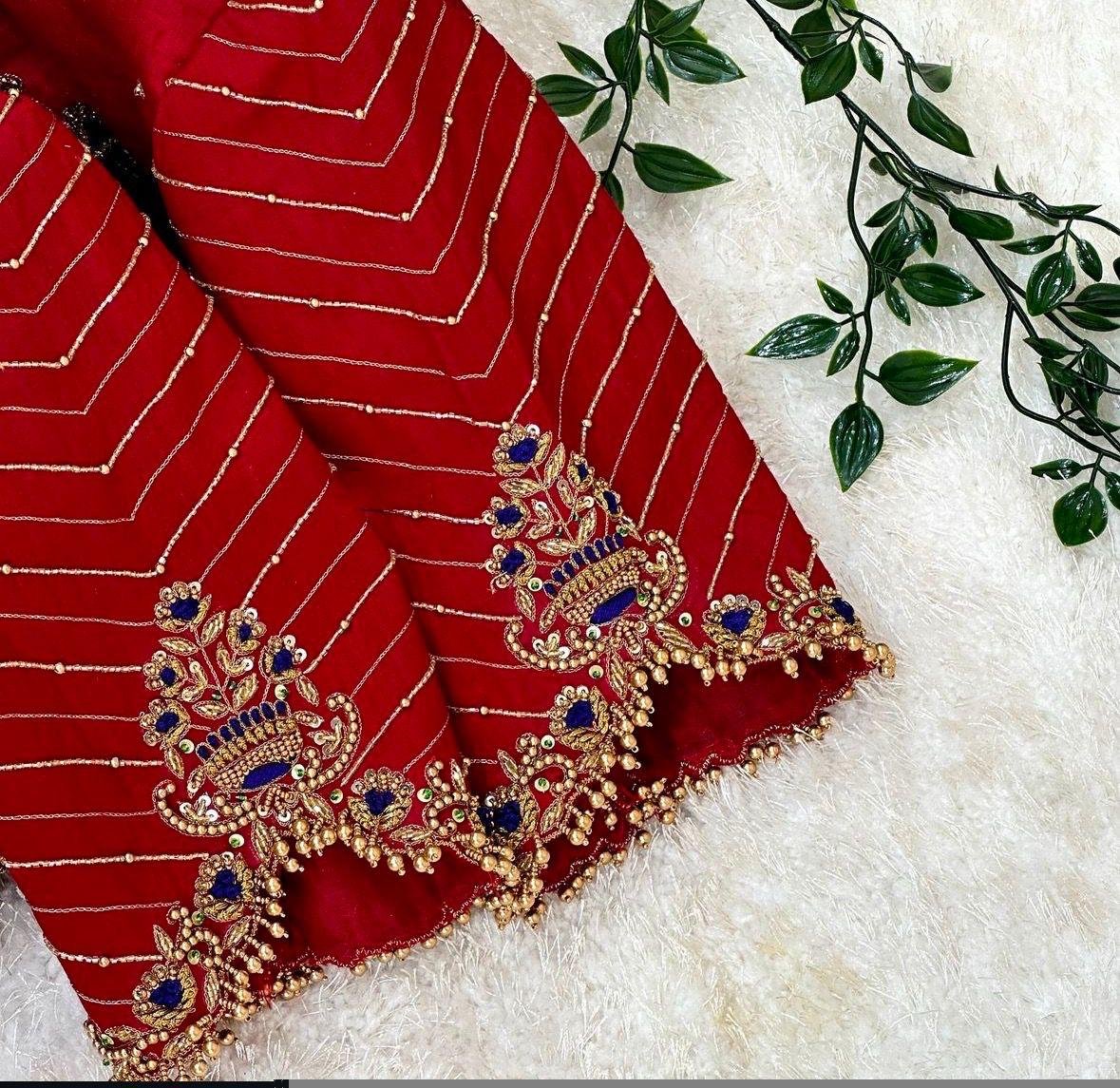 pure silk red hand embroidery blouse/saree maggam blouse/raw silk zardosi blouse/pure red hand embroidered blouse/ready made red blouse usa
