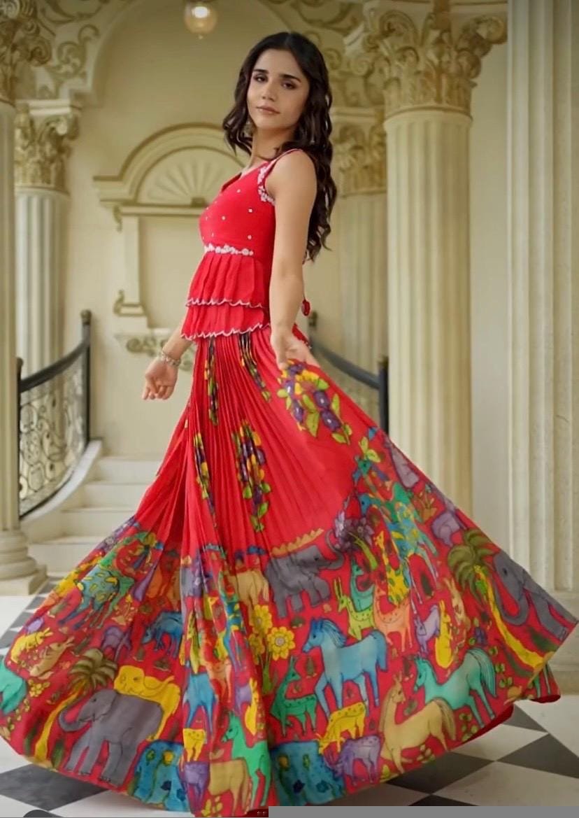 Women’s pure kalamkari lehenga set/crop top lehenga/Hand painted lehenga USA/wedding lehenga USA/kalamkari lehenga choli/red and bluelehenga