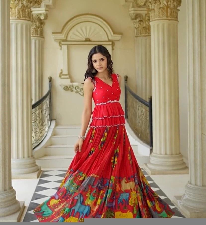 Women’s pure kalamkari lehenga set/crop top lehenga/Hand painted lehenga USA/wedding lehenga USA/kalamkari lehenga choli/red and bluelehenga