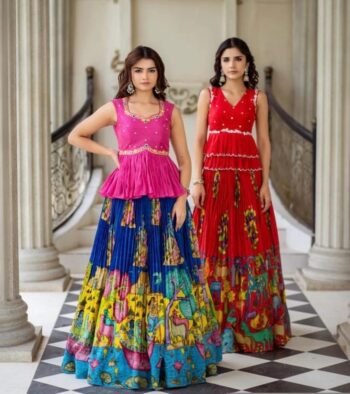Women’s pure kalamkari lehenga set/crop top lehenga/Hand painted lehenga USA/wedding lehenga USA/kalamkari lehenga choli/red and bluelehenga