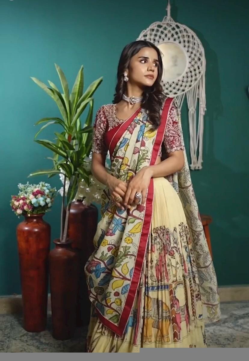 Women’s pure kalamkari lehenga set/crop top lehenga/Hand painted lehenga USA/wedding lehenga USA/kalamkarilehenga choli/heavy maggam blouse