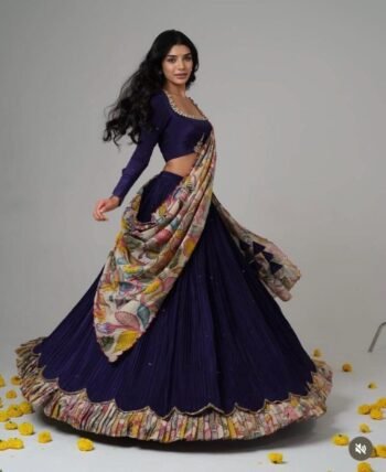 Hand-Painted Kalamkari Lehenga Set: Blue Crepe Silk Crop Top, Wedding Choli