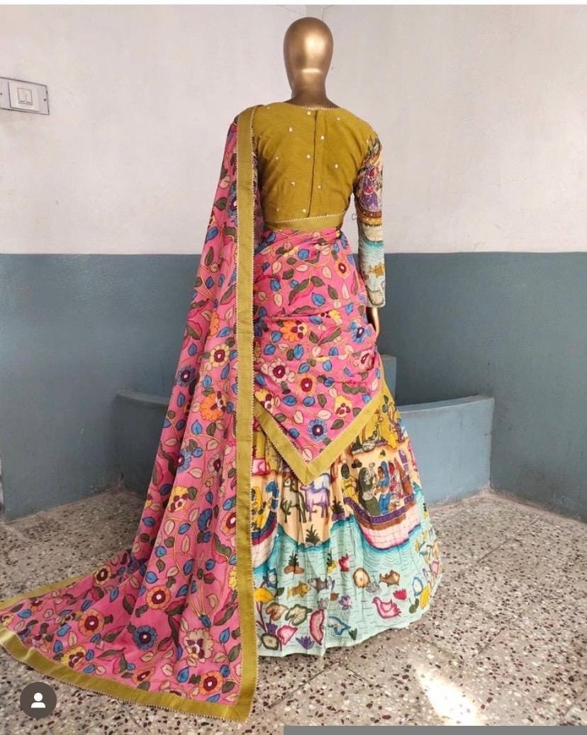 Women’s pure kalamkari lehenga set/crop top lehenga/Hand painted lehenga USA/wedding lehenga USA/yellow kalamkari painted lehenga choli usa