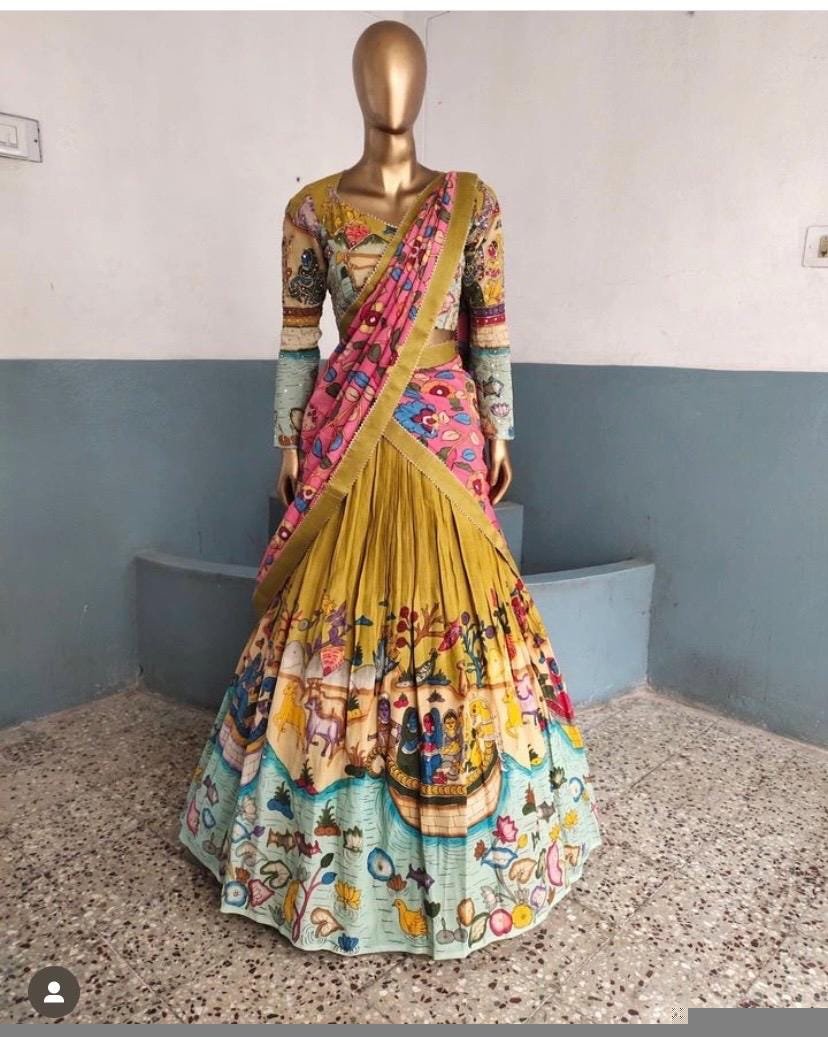 Women’s pure kalamkari lehenga set/crop top lehenga/Hand painted lehenga USA/wedding lehenga USA/yellow kalamkari painted lehenga choli usa