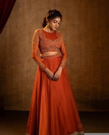 Orange Lehenga set/full sleeve draped gown/orange wedding lehenga gown/organza hand embroidered blouse/orange skirt/wedding party dress usa