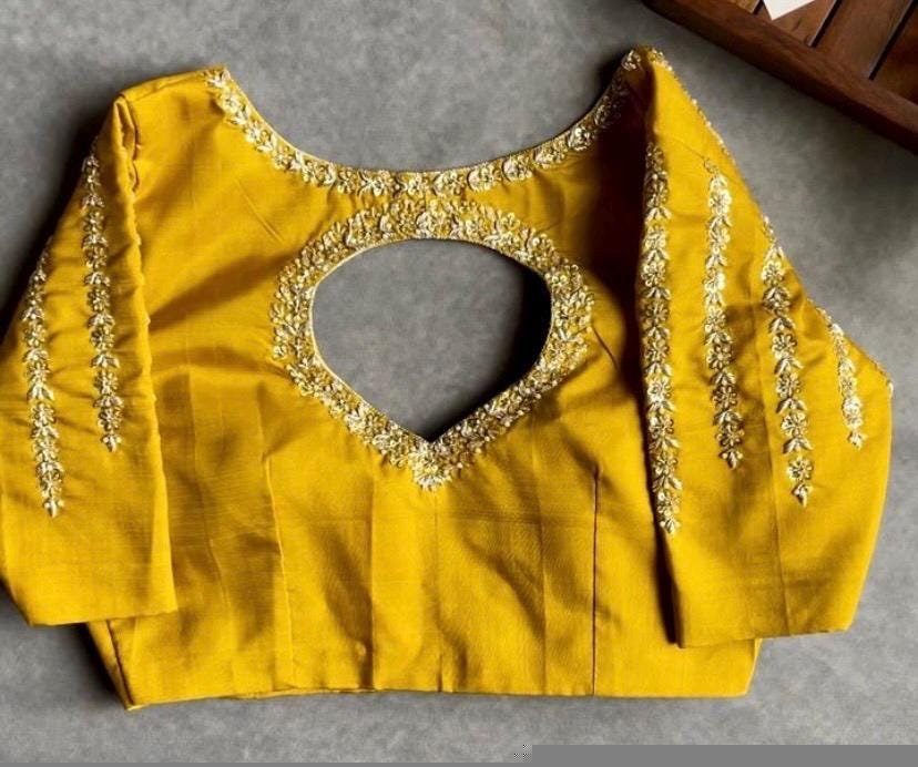 pure silk hand embroidery blouse/saree maggam blouse/yellow zardosi blouse/hand embroidered blouse/mustard yellow ready made blouse zardosi