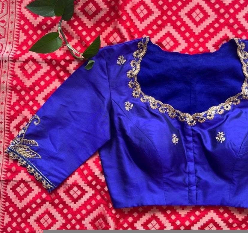 pure silk hand embroidery blouse/blue maggam blouse /raw silk zardosi blouse/blue hand embroidered blouse/designer readymade handwork blouse