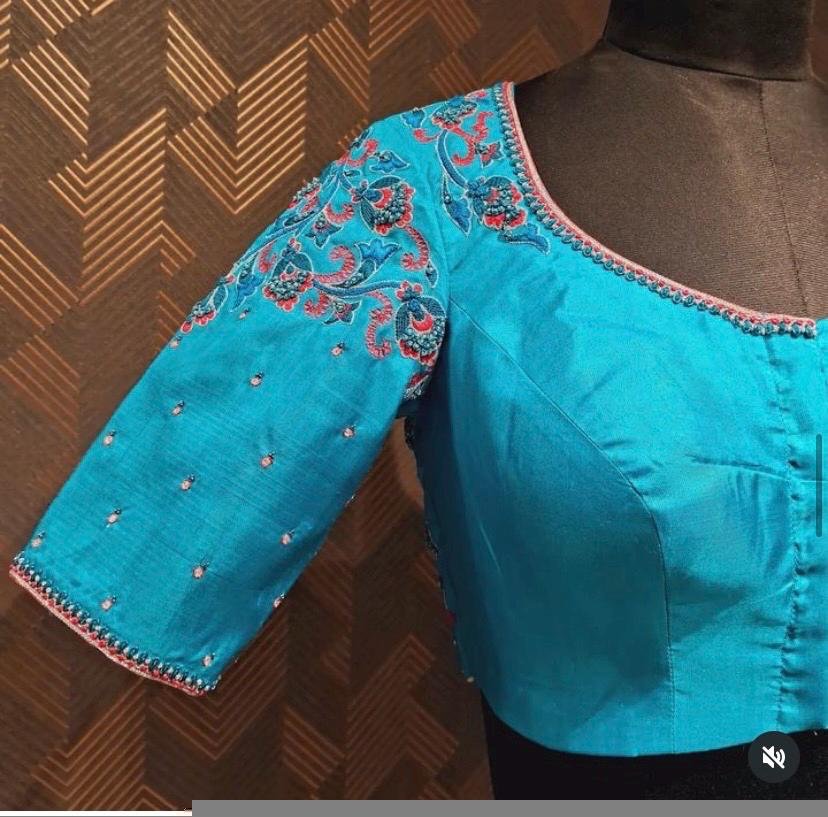 pure silk hand embroidery blouse/blue maggam blouse /raw silk zardosi blouse/blue hand embroidered blouse/designer readymade handwork blouse