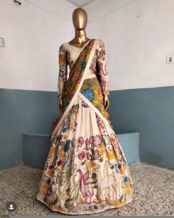 Women’s pure kalamkari lehenga set/crop top lehenga/Hand painted lehenga USA/wedding lehenga USA/green kalamkari painted  lehenga choli usa