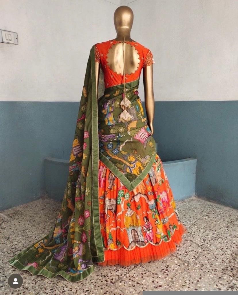 Women’s pure kalamkari lehenga set/crop top lehenga/Hand painted lehenga USA/orange wedding lehenga USA/orange hand painted kalamkari leheng