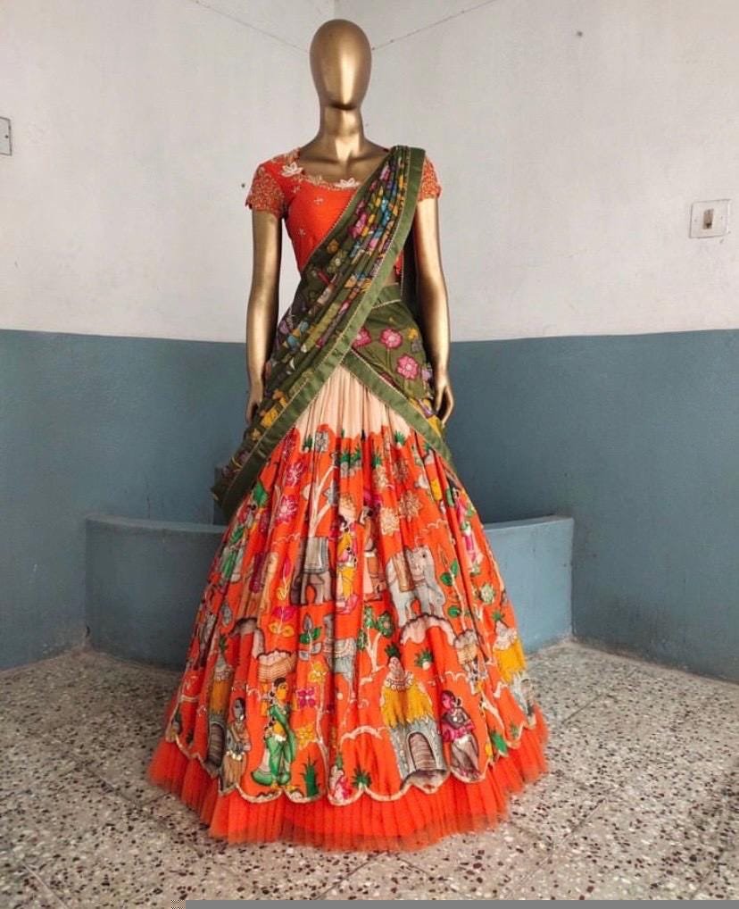 Women’s pure kalamkari lehenga set/crop top lehenga/Hand painted lehenga USA/orange wedding lehenga USA/orange hand painted kalamkari leheng