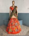 Women’s pure kalamkari lehenga set/crop top lehenga/Hand painted lehenga USA/orange wedding lehenga USA/orange hand painted kalamkari leheng