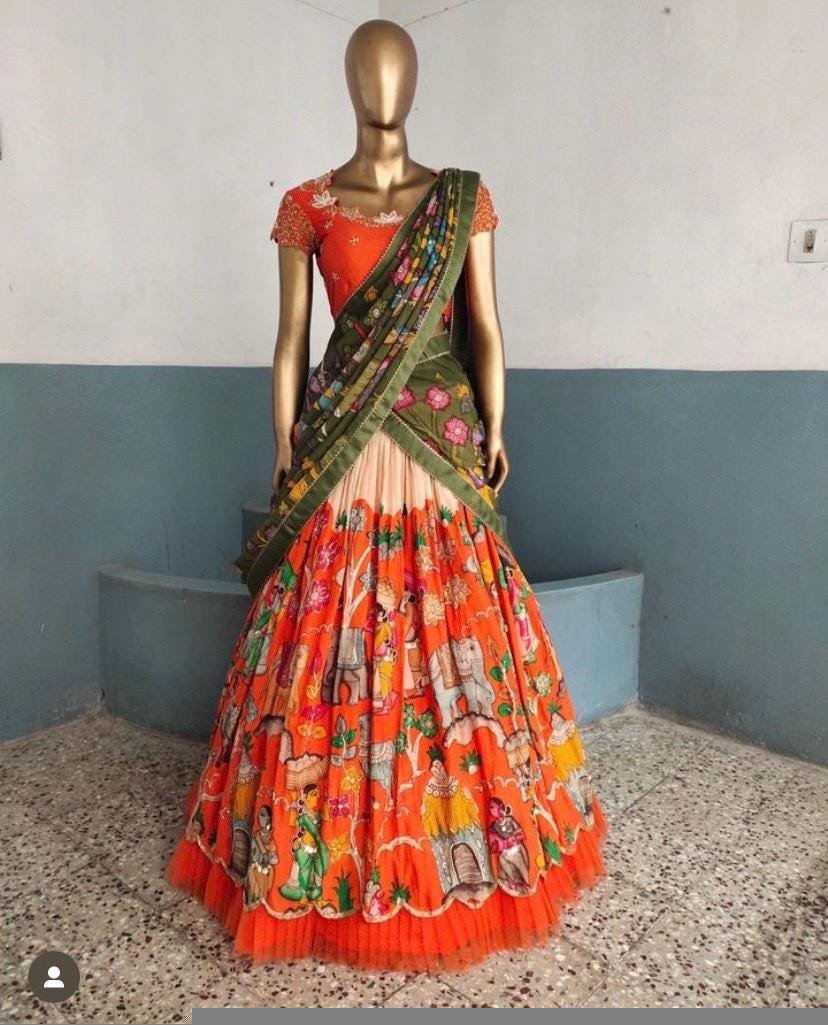 Women’s pure kalamkari lehenga set/crop top lehenga/Hand painted lehenga USA/orange wedding lehenga USA/orange hand painted kalamkari leheng