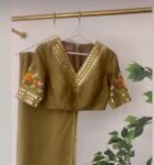 Mehendi green organza saree/floral organza silk blouse|green silk saree/mehendi outfit|sarees USA|organza saree floral embroidery blouse usa
